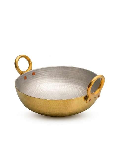 SHAAN mfg. Pure Brass Kadai Wok for Cooking with Handles | 2.5 L | 2.6 Qt | Handcrafted