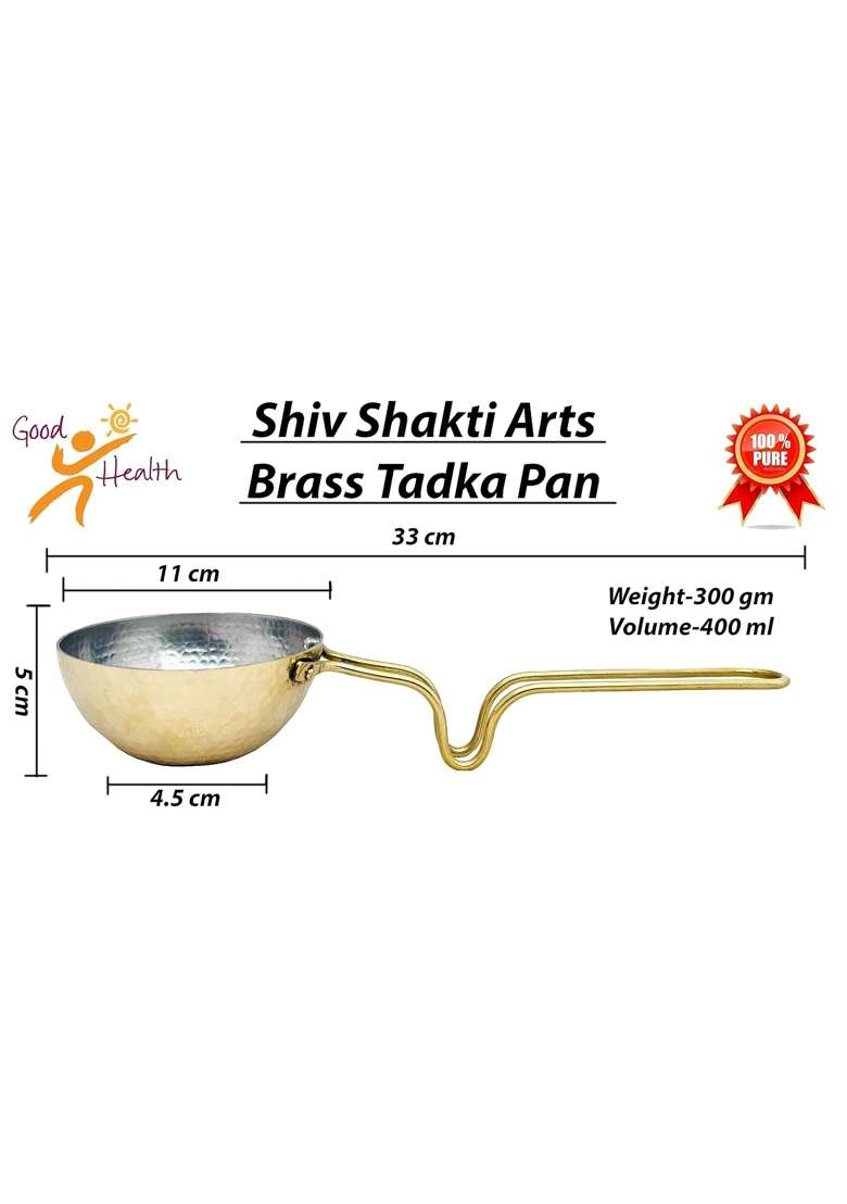 SHIV SHAKTI ARTS Small Brass Tadka Pan Fry Pan Thalippu Karandi with Handle Brass Inside Tin | 400 ml | 13.5 fl oz | Hammered Finish - Indya