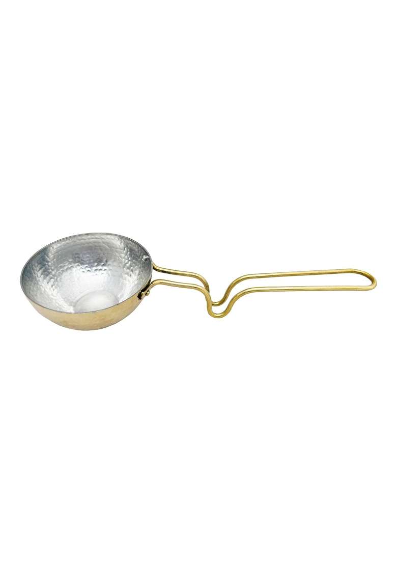 SHIV SHAKTI ARTS Small Brass Tadka Pan Fry Pan Thalippu Karandi with Handle Brass Inside Tin | 400 ml | 13.5 fl oz | Hammered Finish - Indya