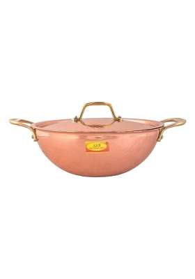 SHIV SHAKTI ARTS Handmade Pure Copper Kadai Wok with Lid and Brass Handle Inside Tin Coating Premium | 3000 ml | 101.4 fl oz