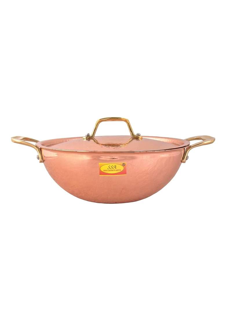 SHIV SHAKTI ARTS Handmade Pure Copper Kadai Wok with Lid and Brass Handle Inside Tin Coating Premium | 3000 ml | 101.4 fl oz - Indya