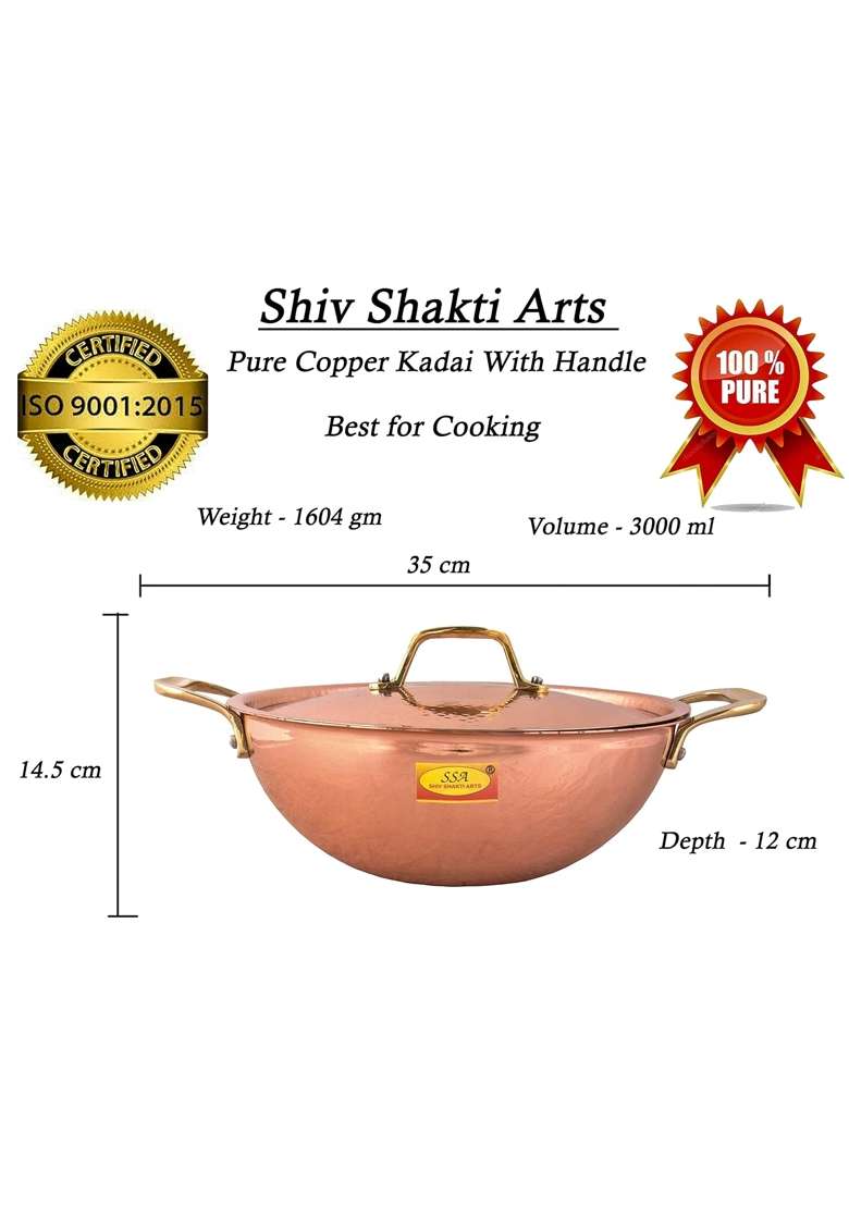 SHIV SHAKTI ARTS Handmade Pure Copper Kadai Wok with Lid and Brass Handle Inside Tin Coating Premium | 3000 ml | 101.4 fl oz - Indya