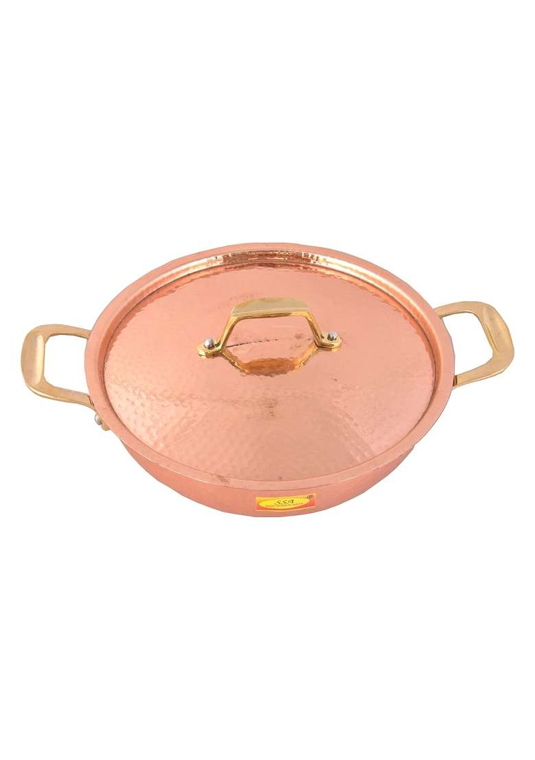 SHIV SHAKTI ARTS Handmade Pure Copper Kadai Wok with Lid and Brass Handle Inside Tin Coating Premium | 3000 ml | 101.4 fl oz - Indya
