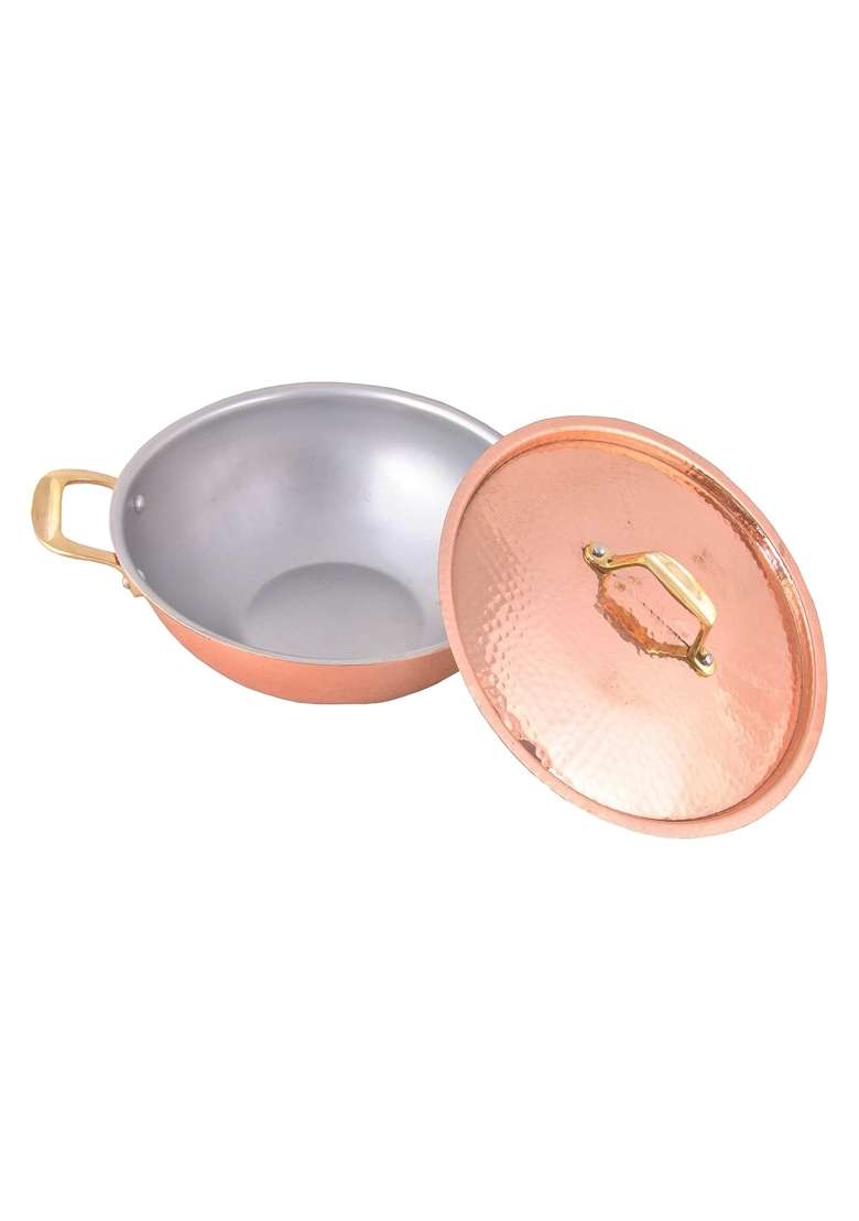 SHIV SHAKTI ARTS Handmade Pure Copper Kadai Wok with Lid and Brass Handle Inside Tin Coating Premium | 3000 ml | 101.4 fl oz - Indya