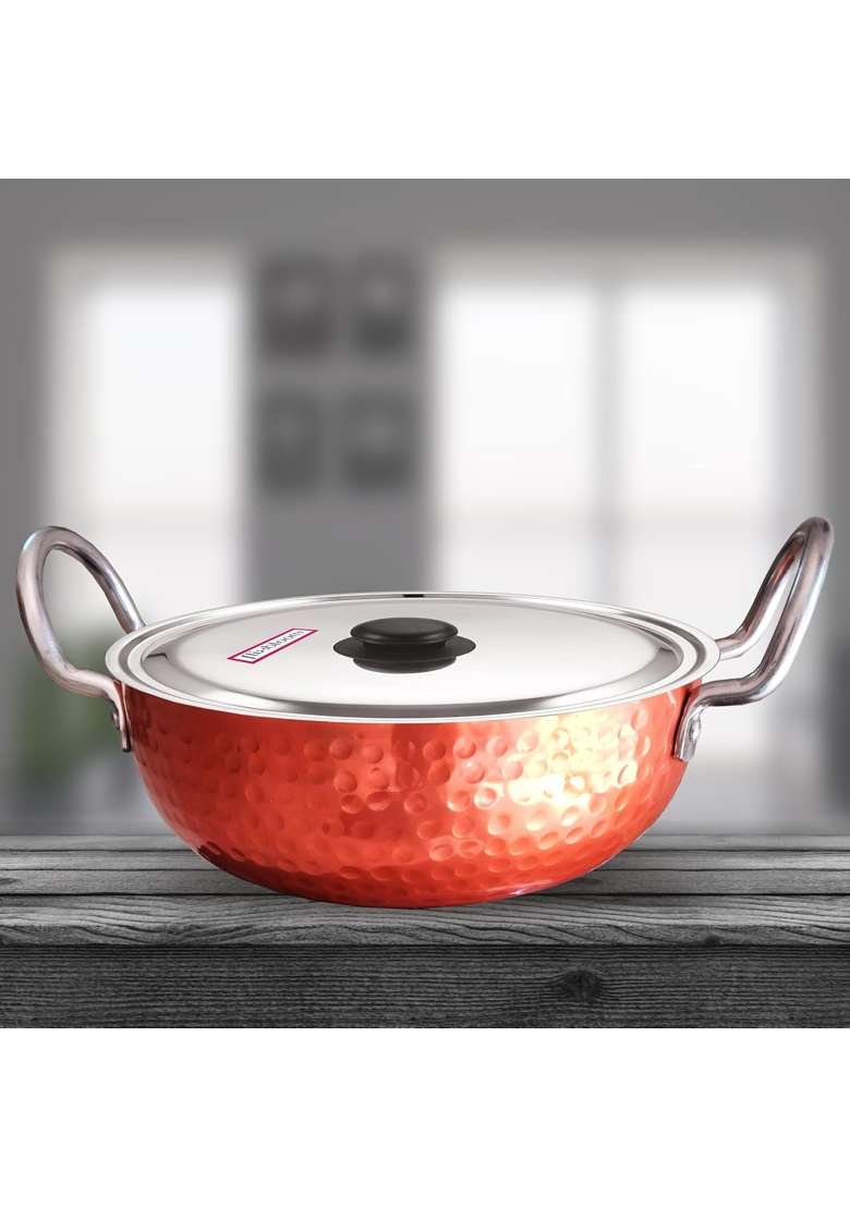 FLIXBLOOM Edge Copper Food Grade Cookware Aluminium Kitchen LPG Stovetop and Induction Base | 3.5 L | 3.7 Qt | Hammered Finish | With Lid - Indya