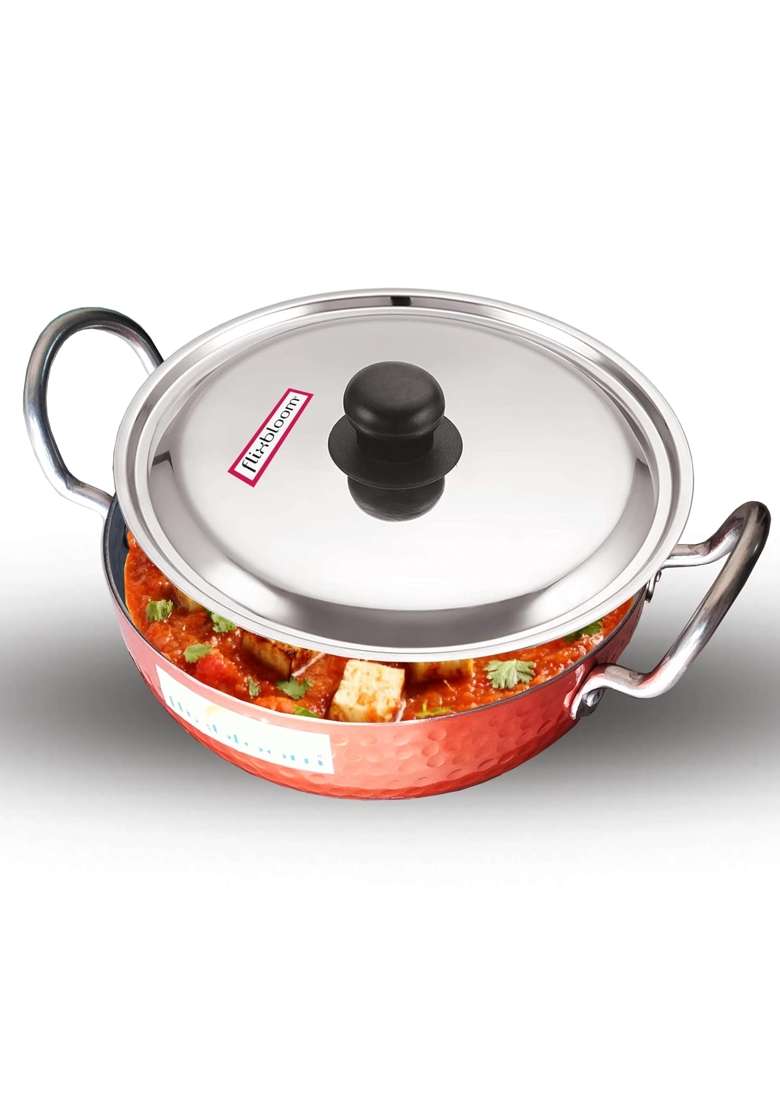 FLIXBLOOM Edge Copper Food Grade Cookware Aluminium Kitchen LPG Stovetop and Induction Base | 3.5 L | 3.7 Qt | Hammered Finish | With Lid - Indya