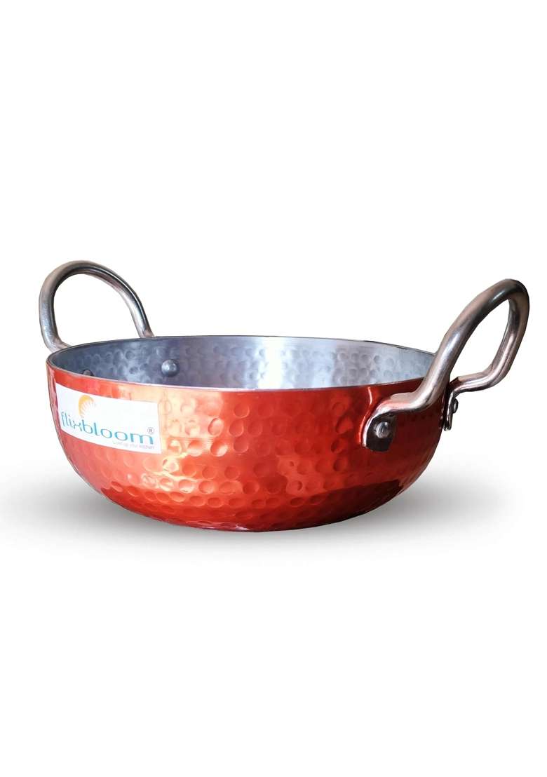 FLIXBLOOM Edge Copper Food Grade Cookware Aluminium Kitchen LPG Stovetop and Induction Base | 3.5 L | 3.7 Qt | Hammered Finish | With Lid - Indya
