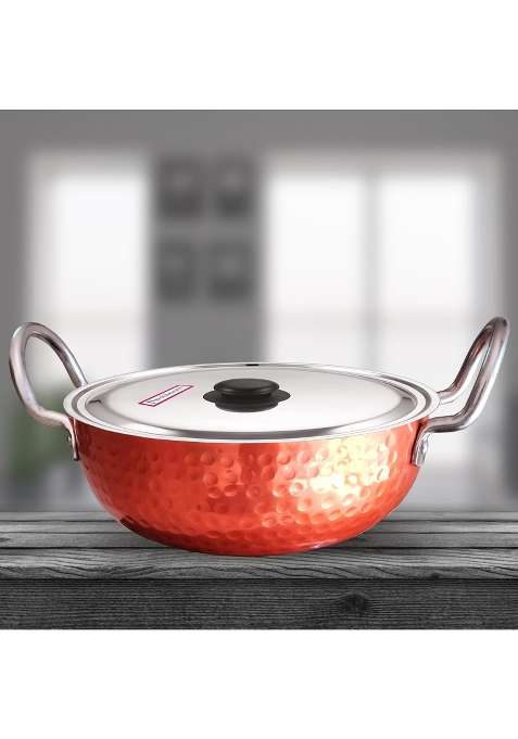FLIXBLOOM Edge Copper Food Grade Cookware Aluminium Kitchen LPG Stovetop and Induction Base | 3.5 L | 3.7 Qt | Hammered Finish | With Lid