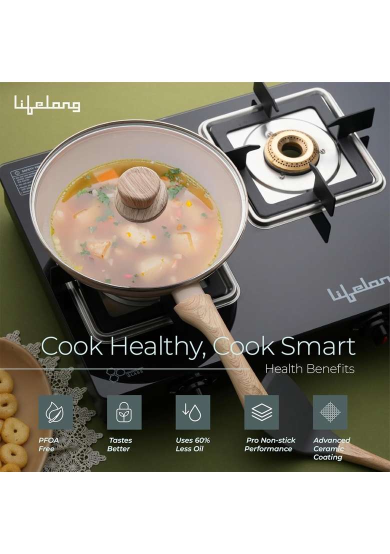 Lifelong Forged Fry Pan with Glass Lid | 1.8 L | 1.9 Qt | 24 cm | 9.4 Inch | Induction Compatible | Non-Stick - Indya