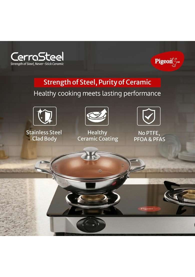 Pigeon Cerrasteel Ceramic Kadai Wok | 24 cm | 9.4 Inch | Non-Stick - Indya