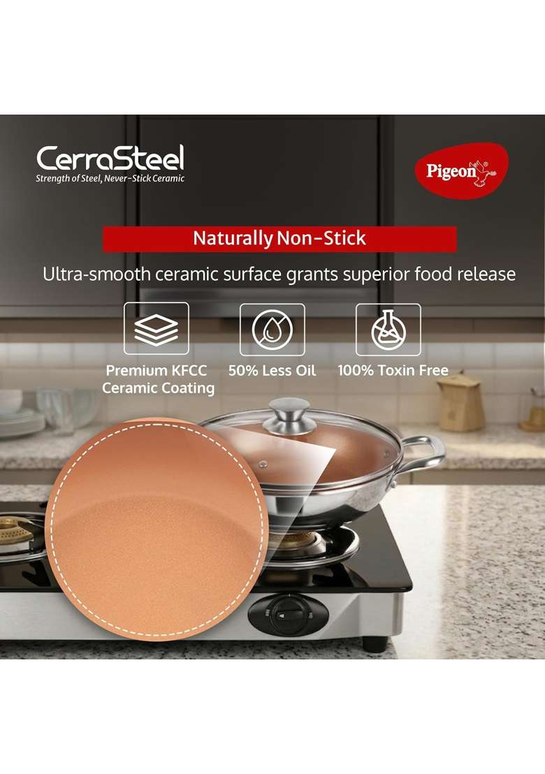 Pigeon Cerrasteel Ceramic Kadai Wok | 24 cm | 9.4 Inch | Non-Stick - Indya