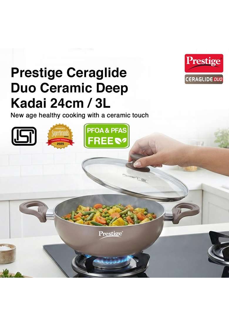 Prestige Ceraglide Duo Deep Kadai Wok with Lid Non-Stick Ceramic Coating | 3 L | 3.2 Qt | 24 cm | 9.4 Inch | Induction Compatible - Indya