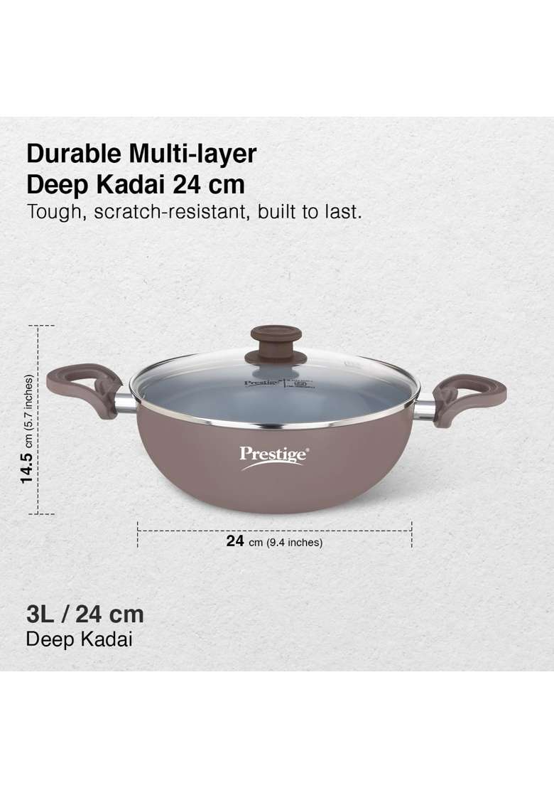 Prestige Ceraglide Duo Deep Kadai Wok with Lid Non-Stick Ceramic Coating | 3 L | 3.2 Qt | 24 cm | 9.4 Inch | Induction Compatible - Indya