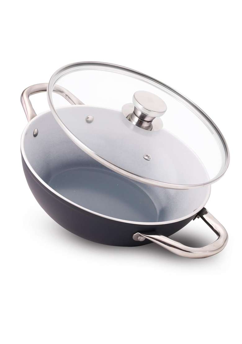Wonderchef Eco-Glide Kadhai Wok with Glass Lid | 2.5 L | 2.6 Qt | 24 cm | 9.4 Inch | Induction Compatible | Non-Toxic - Indya