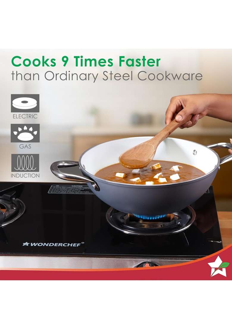 Wonderchef Eco-Glide Kadhai Wok with Glass Lid | 2.5 L | 2.6 Qt | 24 cm | 9.4 Inch | Induction Compatible | Non-Toxic - Indya