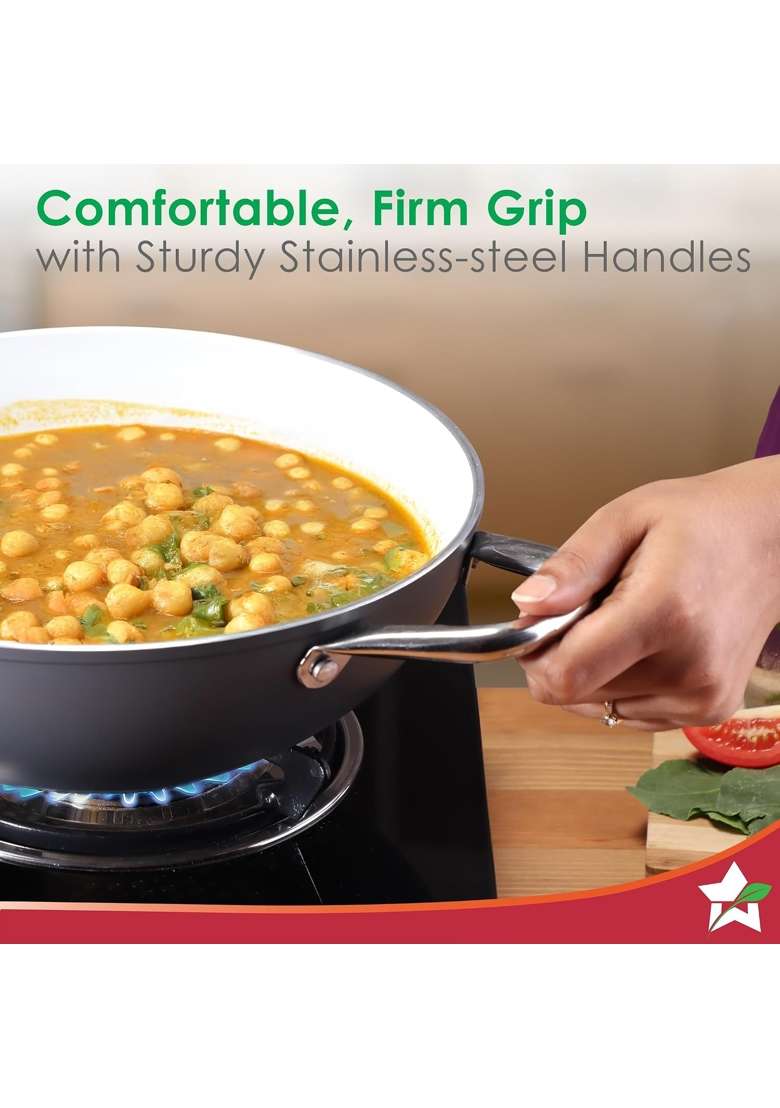Wonderchef Eco-Glide Kadhai Wok with Glass Lid | 2.5 L | 2.6 Qt | 24 cm | 9.4 Inch | Induction Compatible | Non-Toxic - Indya