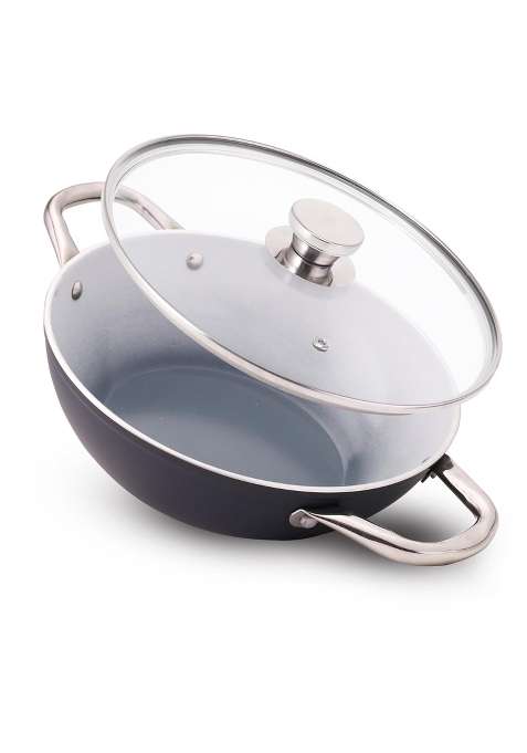 Wonderchef Eco-Glide Kadhai Wok with Glass Lid | 2.5 L | 2.6 Qt | 24 cm | 9.4 Inch | Induction Compatible | Non-Toxic