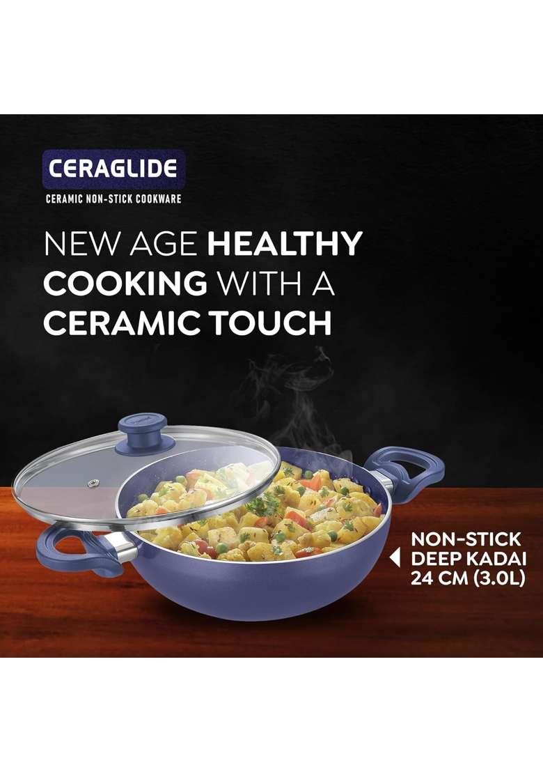 Prestige Ceraglide Ceramic Coated | 3 L | 3.2 Qt | 24 cm | 9.4 Inch | Induction Compatible | Non-Stick | With Lid - Indya