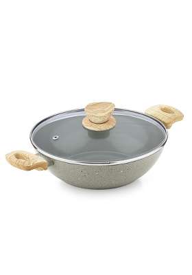 BERGNER Naturally Ceramic Forged Aluminium Kadai Wok with Glass Lid | 3 L | 3.2 Qt | 26 cm | 10.2 Inch | Induction Compatible