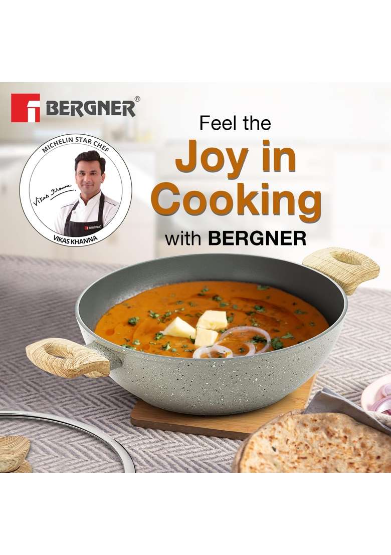 BERGNER Naturally Ceramic Forged Aluminium Kadai Wok with Glass Lid | 3 L | 3.2 Qt | 26 cm | 10.2 Inch | Induction Compatible - Indya