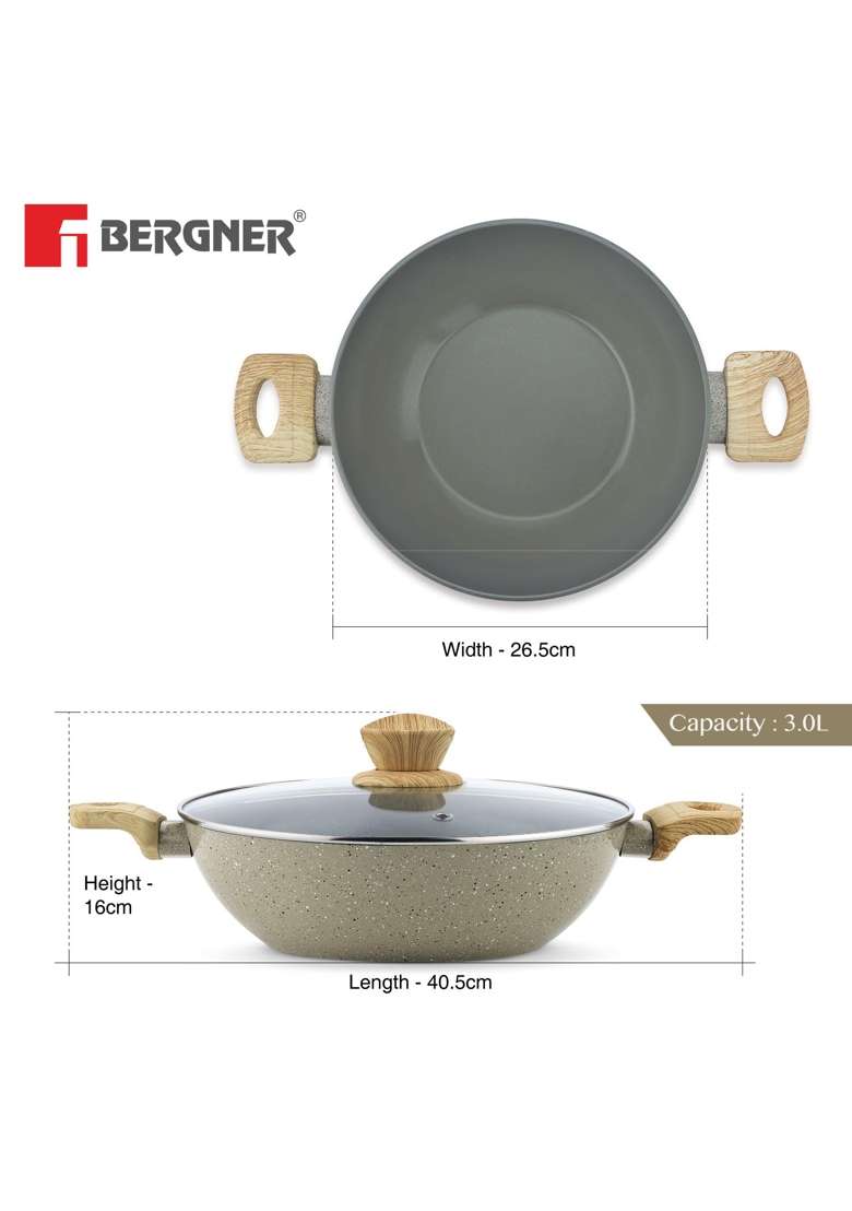 BERGNER Naturally Ceramic Forged Aluminium Kadai Wok with Glass Lid | 3 L | 3.2 Qt | 26 cm | 10.2 Inch | Induction Compatible - Indya