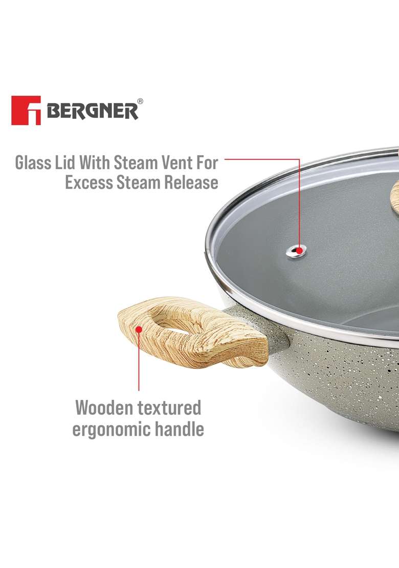 BERGNER Naturally Ceramic Forged Aluminium Kadai Wok with Glass Lid | 3 L | 3.2 Qt | 26 cm | 10.2 Inch | Induction Compatible - Indya