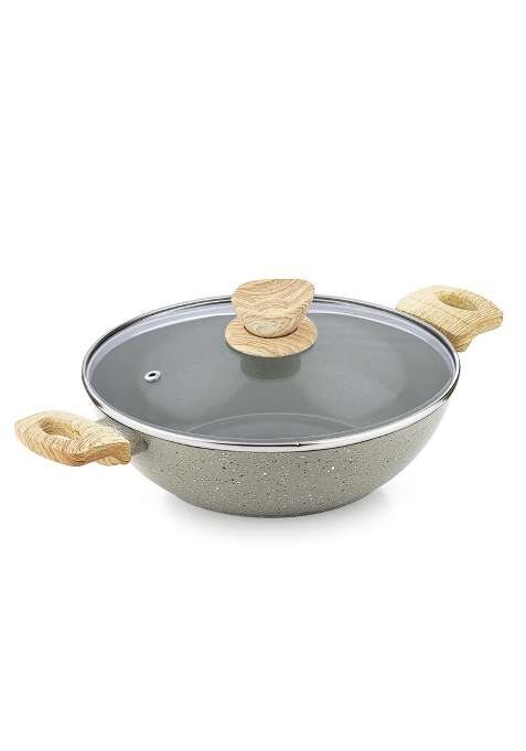 BERGNER Naturally Ceramic Forged Aluminium Kadai Wok with Glass Lid | 3 L | 3.2 Qt | 26 cm | 10.2 Inch | Induction Compatible