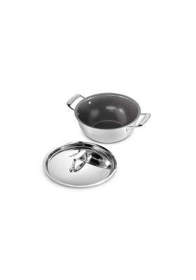 TRAMONTINA Fusao EX Ceramic Coated Triply Stainless Steel Deep Kadai Wok with Lid | 3 L | 3.2 Qt | 22 cm | 8.7 Inch | Induction Compatible
