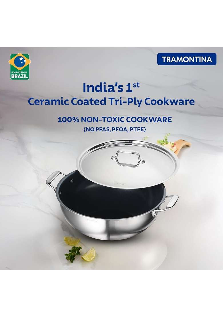 TRAMONTINA Fusao EX Ceramic Coated Triply Stainless Steel Deep Kadai Wok with Lid | 3 L | 3.2 Qt | 22 cm | 8.7 Inch | Induction Compatible - Indya