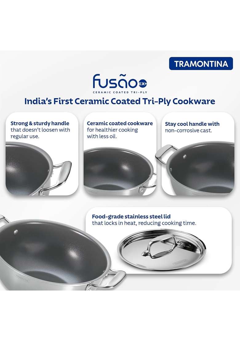 TRAMONTINA Fusao EX Ceramic Coated Triply Stainless Steel Deep Kadai Wok with Lid | 3 L | 3.2 Qt | 22 cm | 8.7 Inch | Induction Compatible - Indya
