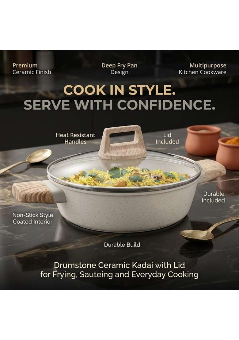 Drumstone Ceramic Kadai with Lid Premium Cooking Wok Deep Fry Pan Non Stick Style Coated - Indya