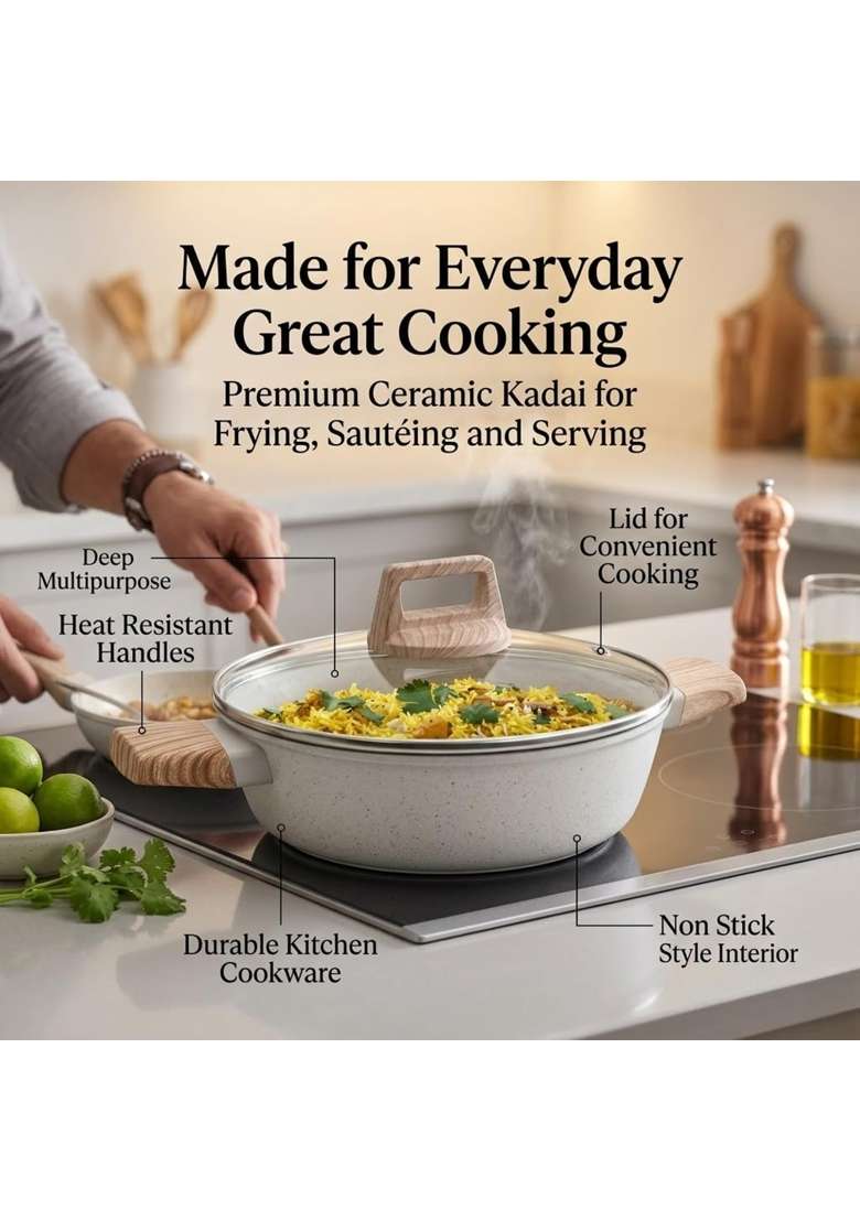 Drumstone Ceramic Kadai with Lid Premium Cooking Wok Deep Fry Pan Non Stick Style Coated - Indya