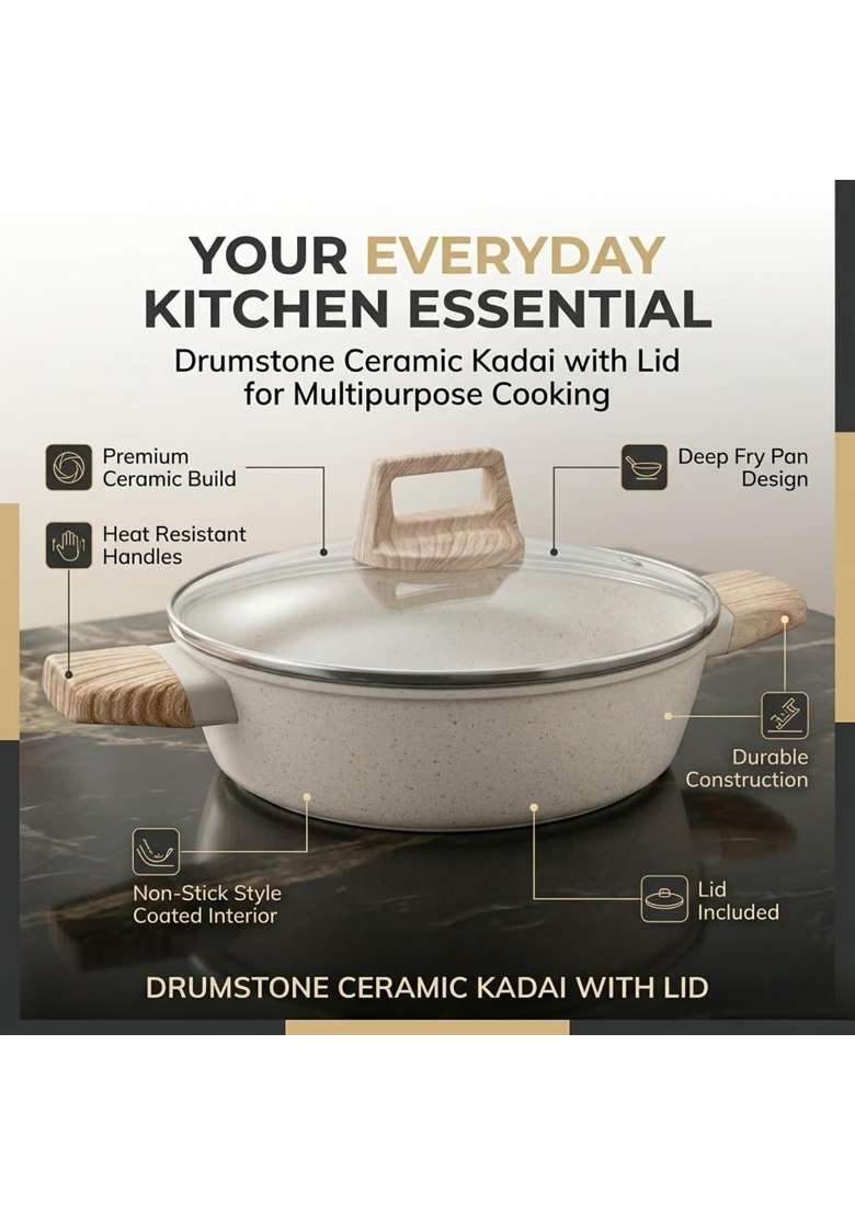 Drumstone Ceramic Kadai with Lid Premium Cooking Wok Deep Fry Pan Non Stick Style Coated - Indya