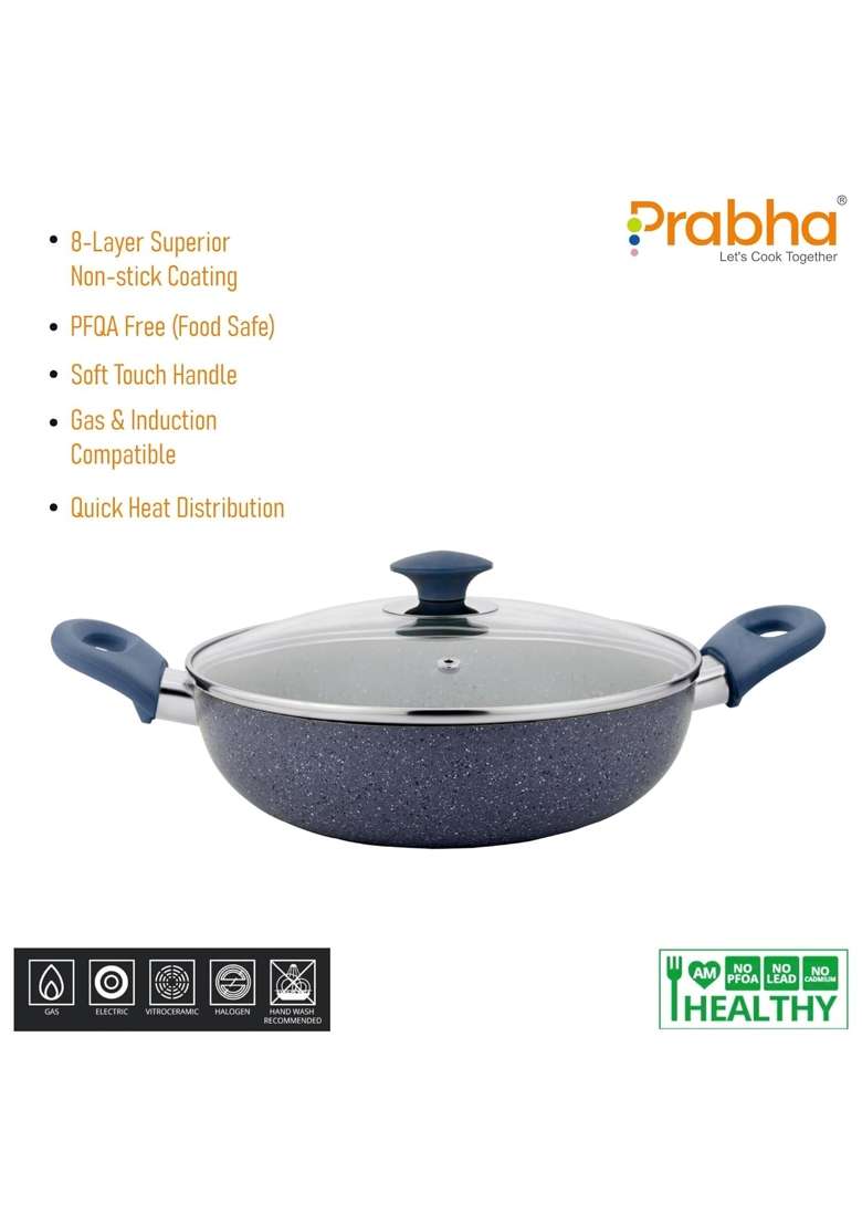 Prabha Kadai for Cooking Non Stick Kadhai with Lid | 2 L | 2.1 Qt | 22 cm | 8.7 Inch | Induction Compatible - Indya