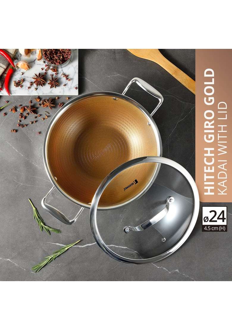 BERGNER Hitech Giro Gold Triply Stainless Steel Scratch Resistant Non Stick | 2.5 L | 2.6 Qt | 24 cm | 9.4 Inch | Induction Compatible | PFOA Free - Indya