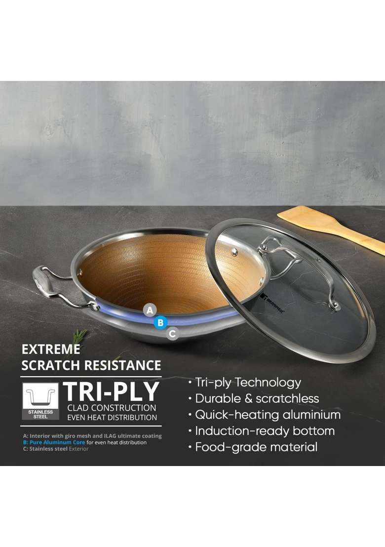 BERGNER Hitech Giro Gold Triply Stainless Steel Scratch Resistant Non Stick | 2.5 L | 2.6 Qt | 24 cm | 9.4 Inch | Induction Compatible | PFOA Free - Indya