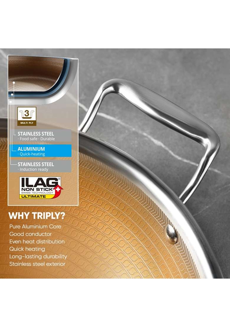 BERGNER Hitech Giro Gold Triply Stainless Steel Scratch Resistant Non Stick | 2.5 L | 2.6 Qt | 24 cm | 9.4 Inch | Induction Compatible | PFOA Free - Indya