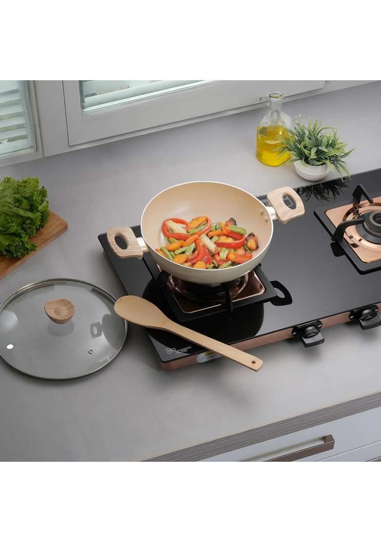 COOKAID Kadhai Wok with Glass Lid | 2 L | 2.1 Qt | 22 cm | 8.7 Inch | Induction Compatible | Non-Stick - Indya