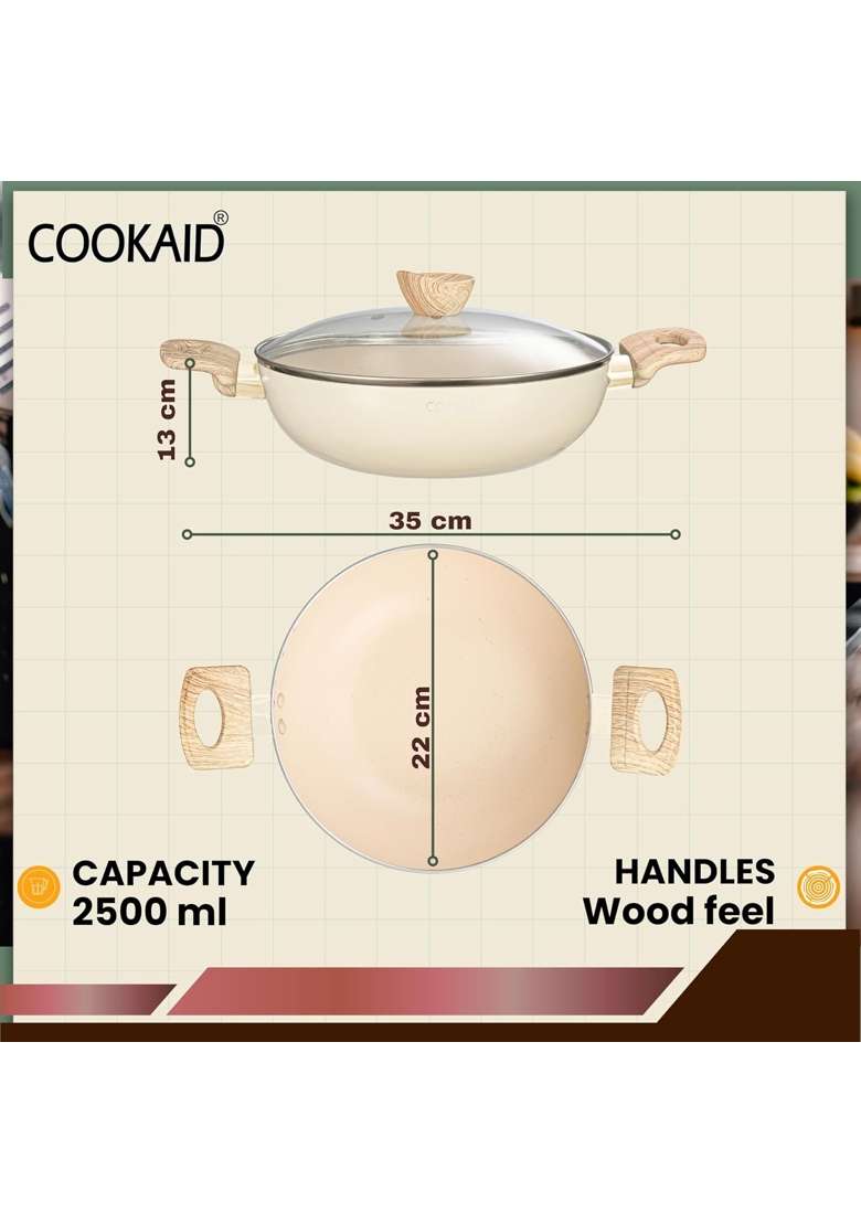 COOKAID Kadhai Wok with Glass Lid | 2 L | 2.1 Qt | 22 cm | 8.7 Inch | Induction Compatible | Non-Stick - Indya