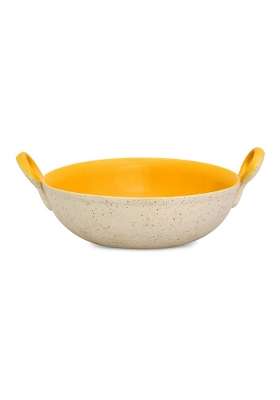 Caffeine Ceramic Handmade Stoneware Yellow and Cream Serving Kadhai Wok | Dishwasher Safe | Microwave Safe