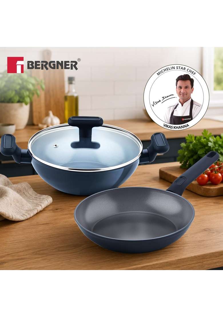 BERGNER Jade Non-Stick Ceramic Coated Cookware Combo | 2.5 L | 2.6 Qt | 24 cm | 9.4 Inch | 3-Piece Set | Induction Compatible | PFOA Free | With Lid - Indya