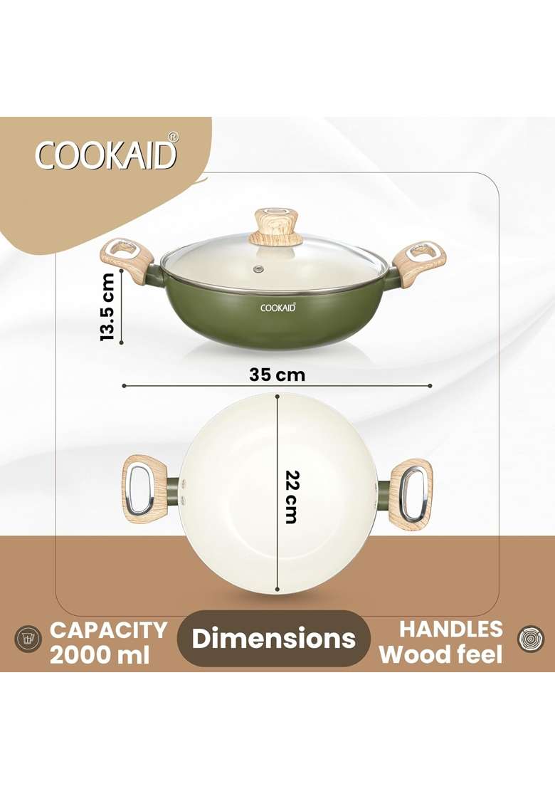 Cookaid Kadhai with Glass Lid | 2 L | 2.1 Qt | 22 cm | 8.7 Inch | Induction Compatible | Non-Stick - Indya