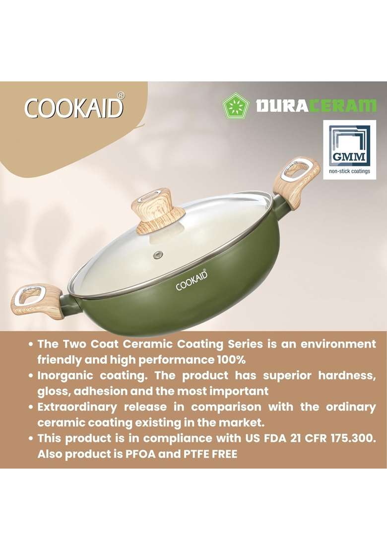 Cookaid Kadhai with Glass Lid | 2 L | 2.1 Qt | 22 cm | 8.7 Inch | Induction Compatible | Non-Stick - Indya