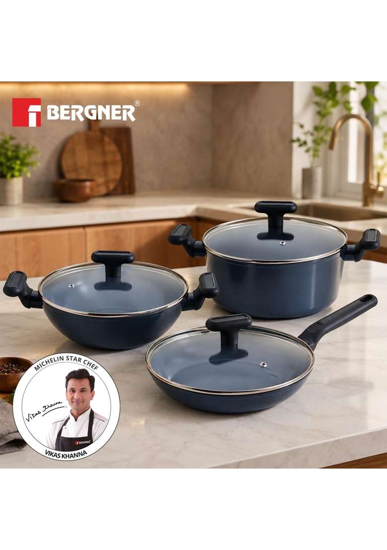 BERGNER Jade Non-Stick Ceramic Coated Cookware Set | 2.5 L | 2.6 Qt | 24 cm | 9.4 Inch | 6-Piece Set | Induction Compatible | PFOA Free - Indya