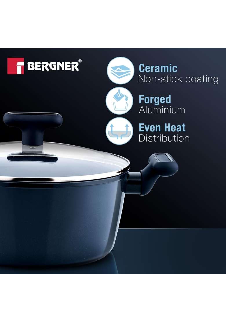 BERGNER Jade Non-Stick Ceramic Coated Cookware Set | 2.5 L | 2.6 Qt | 24 cm | 9.4 Inch | 6-Piece Set | Induction Compatible | PFOA Free - Indya