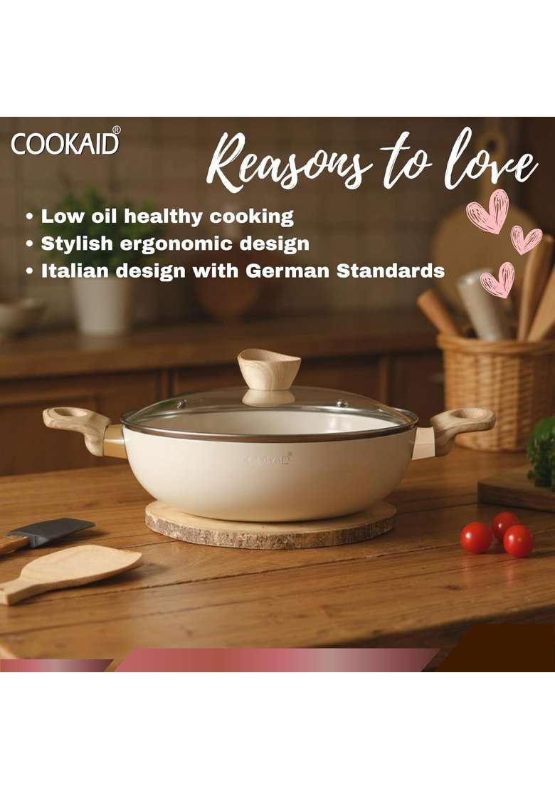 Cookaid Kadhai with Glass Lid | 2.5 L | 2.6 Qt | 24 cm | 9.4 Inch | Induction Compatible - Indya