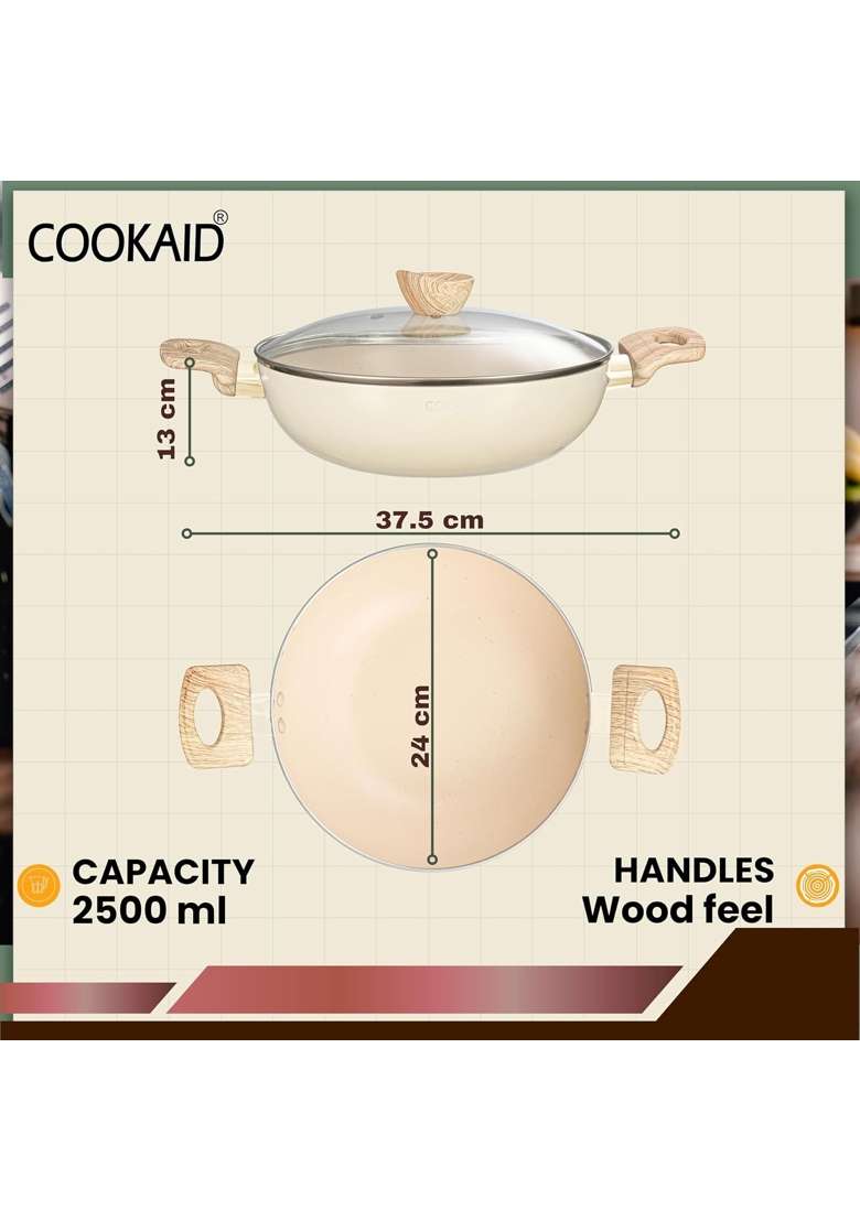 Cookaid Kadhai with Glass Lid | 2.5 L | 2.6 Qt | 24 cm | 9.4 Inch | Induction Compatible - Indya