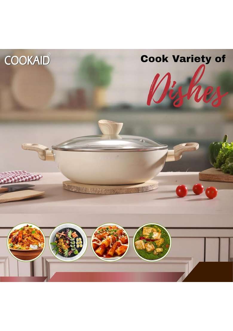 Cookaid Kadhai with Glass Lid | 2.5 L | 2.6 Qt | 24 cm | 9.4 Inch | Induction Compatible - Indya