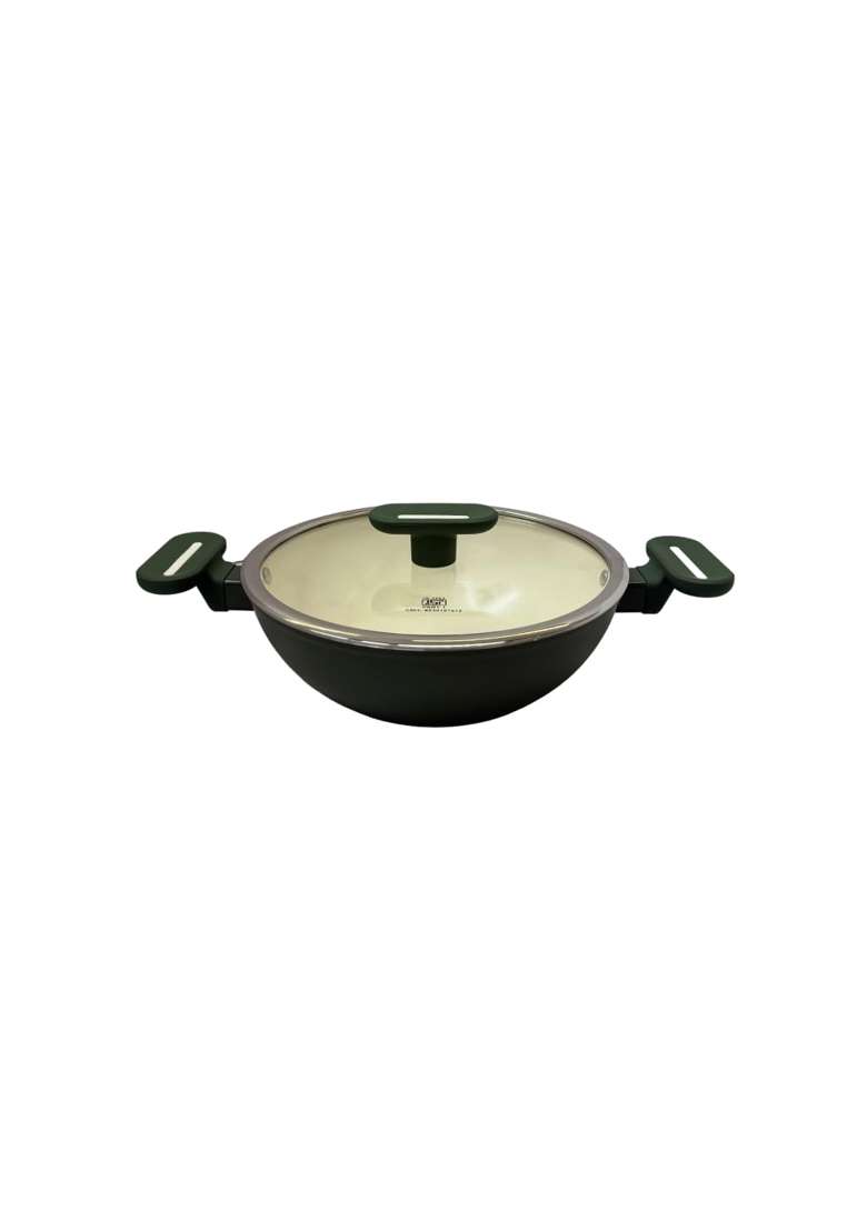 SALFORD Forged Ceramic Non-Stick Kadai Wok with Glass Lid | 2.5 L | 2.6 Qt | 24 cm | 9.4 Inch | Induction Compatible | PFOA Free - Indya