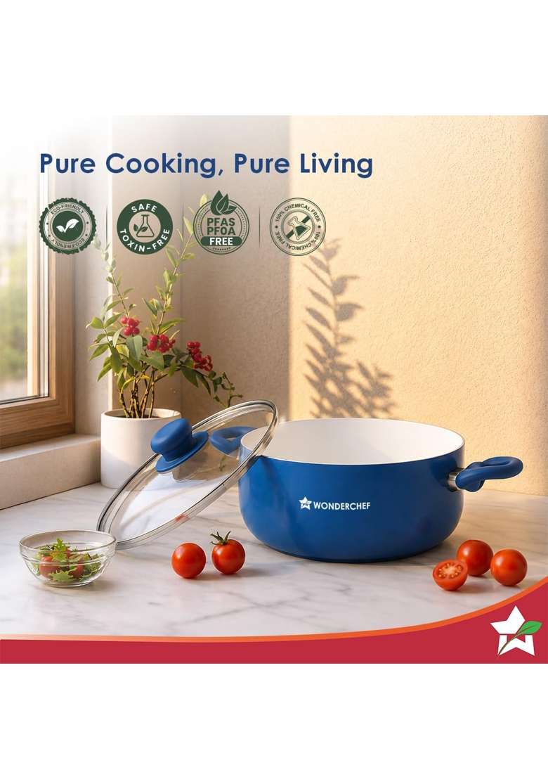 Wonderchef Natura Ceramic Casserole and Glass Lid for Cooking | 4.5 L | 4.8 Qt | 24 cm | 9.4 Inch | Induction Compatible | PFOA Free | Non-Toxic - Indya